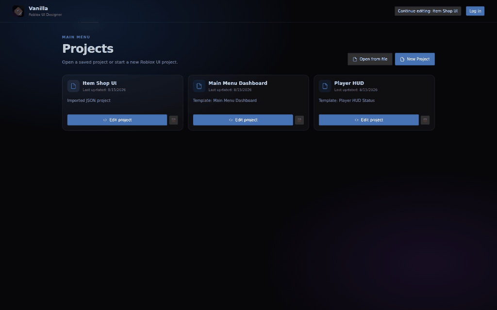 Project menu with saved projects and templates